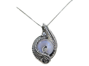 Rainbow Moonstone Donut Pendant: Wire-Wrapped Sterling Silver Necklace with Herkimer Diamond Accent - Bridal Fantasy Jewelry