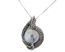 Load image into Gallery viewer, Rainbow Moonstone Donut Pendant: Wire-Wrapped Sterling Silver Necklace with Herkimer Diamond Accent - Bridal Fantasy Jewelry