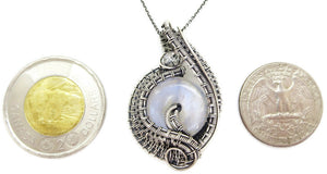 Rainbow Moonstone Donut Pendant: Wire-Wrapped Sterling Silver Necklace with Herkimer Diamond Accent - Bridal Fantasy Jewelry