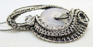 Rainbow Moonstone Donut Pendant: Wire-Wrapped Sterling Silver Necklace with Herkimer Diamond Accent - Bridal Fantasy Jewelry