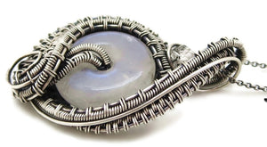 Rainbow Moonstone Donut Pendant: Wire-Wrapped Sterling Silver Necklace with Herkimer Diamond Accent - Bridal Fantasy Jewelry