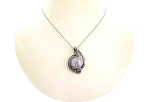 Rainbow Moonstone Donut Pendant: Wire-Wrapped Sterling Silver Necklace with Herkimer Diamond Accent - Bridal Fantasy Jewelry