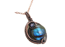 Load image into Gallery viewer, Blue Labradorite Wire-Wrapped Pendant in Bronze with Swarovski Crystal, &quot;Mini-Woven Circle&quot; Model