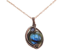 Load image into Gallery viewer, Blue Labradorite Wire-Wrapped Pendant in Bronze with Swarovski Crystal, &quot;Mini-Woven Circle&quot; Model