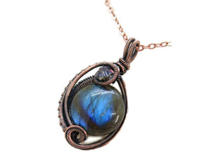 Blue Labradorite Wire-Wrapped Pendant in Bronze with Swarovski Crystal, "Mini-Woven Circle" Model
