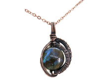 Load image into Gallery viewer, Blue Labradorite Wire-Wrapped Pendant in Bronze with Swarovski Crystal, &quot;Mini-Woven Circle&quot; Model