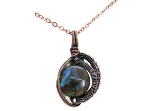 Blue Labradorite Wire-Wrapped Pendant in Bronze with Swarovski Crystal, "Mini-Woven Circle" Model