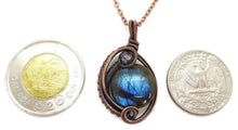 Load image into Gallery viewer, Blue Labradorite Wire-Wrapped Pendant in Bronze with Swarovski Crystal, &quot;Mini-Woven Circle&quot; Model