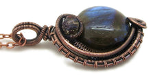 Load image into Gallery viewer, Blue Labradorite Wire-Wrapped Pendant in Bronze with Swarovski Crystal, &quot;Mini-Woven Circle&quot; Model