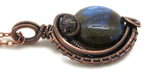 Blue Labradorite Wire-Wrapped Pendant in Bronze with Swarovski Crystal, "Mini-Woven Circle" Model
