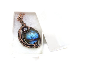 Blue Labradorite Wire-Wrapped Pendant in Bronze with Swarovski Crystal, "Mini-Woven Circle" Model
