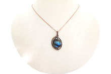 Load image into Gallery viewer, Blue Labradorite Wire-Wrapped Pendant in Bronze with Swarovski Crystal, &quot;Mini-Woven Circle&quot; Model