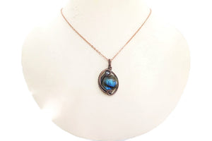 Blue Labradorite Wire-Wrapped Pendant in Bronze with Swarovski Crystal, "Mini-Woven Circle" Model