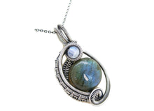 Load image into Gallery viewer, Blue Green Labradorite Wire-Wrapped Pendant in Sterling Silver with Rainbow Moonstone, &quot;Mini-Woven Circle&quot; Model