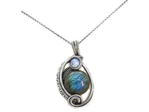 Blue Green Labradorite Wire-Wrapped Pendant in Sterling Silver with Rainbow Moonstone, "Mini-Woven Circle" Model