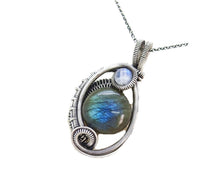 Load image into Gallery viewer, Blue Green Labradorite Wire-Wrapped Pendant in Sterling Silver with Rainbow Moonstone, &quot;Mini-Woven Circle&quot; Model