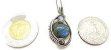 Load image into Gallery viewer, Blue Green Labradorite Wire-Wrapped Pendant in Sterling Silver with Rainbow Moonstone, &quot;Mini-Woven Circle&quot; Model