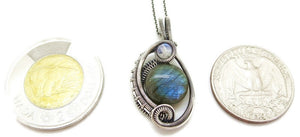 Blue Green Labradorite Wire-Wrapped Pendant in Sterling Silver with Rainbow Moonstone, "Mini-Woven Circle" Model