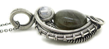Load image into Gallery viewer, Blue Green Labradorite Wire-Wrapped Pendant in Sterling Silver with Rainbow Moonstone, &quot;Mini-Woven Circle&quot; Model
