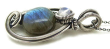 Load image into Gallery viewer, Blue Green Labradorite Wire-Wrapped Pendant in Sterling Silver with Rainbow Moonstone, &quot;Mini-Woven Circle&quot; Model