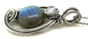 Blue Green Labradorite Wire-Wrapped Pendant in Sterling Silver with Rainbow Moonstone, "Mini-Woven Circle" Model