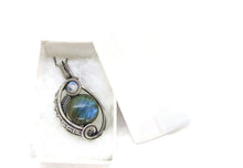 Load image into Gallery viewer, Blue Green Labradorite Wire-Wrapped Pendant in Sterling Silver with Rainbow Moonstone, &quot;Mini-Woven Circle&quot; Model