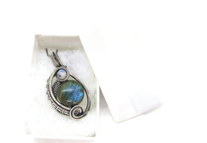Blue Green Labradorite Wire-Wrapped Pendant in Sterling Silver with Rainbow Moonstone, "Mini-Woven Circle" Model