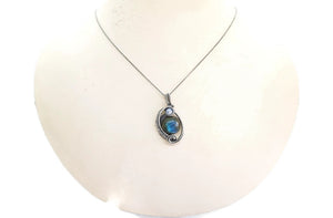 Blue Green Labradorite Wire-Wrapped Pendant in Sterling Silver with Rainbow Moonstone, "Mini-Woven Circle" Model