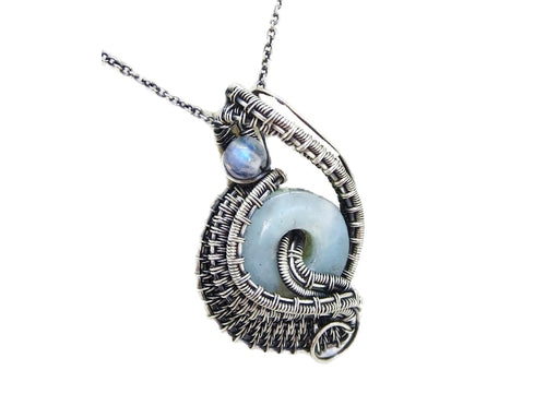 Handcrafted Amazonite Mini-Woven Donut Pendant with Rainbow Moonstone Accent - Sterling Silver Necklace