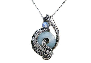 Handcrafted Amazonite Mini-Woven Donut Pendant with Rainbow Moonstone Accent - Sterling Silver Necklace