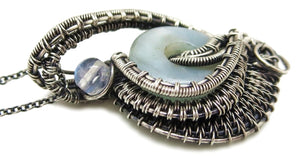 Handcrafted Amazonite Mini-Woven Donut Pendant with Rainbow Moonstone Accent - Sterling Silver Necklace