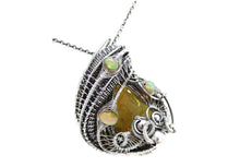 Load image into Gallery viewer, Natural Baltic Amber Pendant: Gnat Inclusion &amp; Ethiopian Opals, Wire-Wrapped Sterling Silver Necklace
