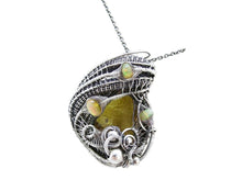 Load image into Gallery viewer, Natural Baltic Amber Pendant: Gnat Inclusion &amp; Ethiopian Opals, Wire-Wrapped Sterling Silver Necklace
