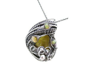 Natural Baltic Amber Pendant: Gnat Inclusion & Ethiopian Opals, Wire-Wrapped Sterling Silver Necklace
