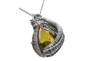 Natural Baltic Amber Pendant: Gnat Inclusion & Ethiopian Opals, Wire-Wrapped Sterling Silver Necklace