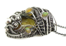 Load image into Gallery viewer, Natural Baltic Amber Pendant: Gnat Inclusion &amp; Ethiopian Opals, Wire-Wrapped Sterling Silver Necklace