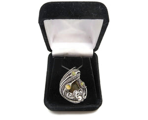 Natural Baltic Amber Pendant: Gnat Inclusion & Ethiopian Opals, Wire-Wrapped Sterling Silver Necklace
