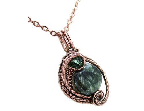 Seraphinite Bronze Wire-Wrapped Pendant with Swarovski Crystal - Mini-Woven Circle Design