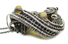 Load image into Gallery viewer, Natural Baltic Amber Pendant: Gnat Inclusion &amp; Ethiopian Opals, Wire-Wrapped Sterling Silver Necklace