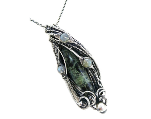 Stromatolite Pendant: Kambaba Jasper Fossil Necklace with Labradorite, Sterling Silver Wire Wrap