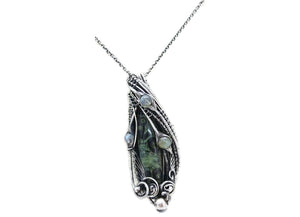 Stromatolite Pendant: Kambaba Jasper Fossil Necklace with Labradorite, Sterling Silver Wire Wrap