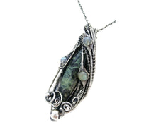 Load image into Gallery viewer, Stromatolite Pendant: Kambaba Jasper Fossil Necklace with Labradorite, Sterling Silver Wire Wrap