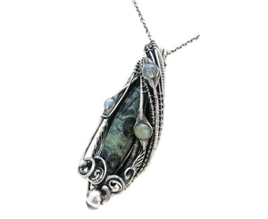 Stromatolite Pendant: Kambaba Jasper Fossil Necklace with Labradorite, Sterling Silver Wire Wrap