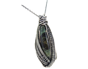 Stromatolite Pendant: Kambaba Jasper Fossil Necklace with Labradorite, Sterling Silver Wire Wrap