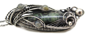 Stromatolite Pendant: Kambaba Jasper Fossil Necklace with Labradorite, Sterling Silver Wire Wrap