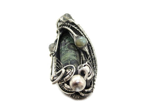 Stromatolite Pendant: Kambaba Jasper Fossil Necklace with Labradorite, Sterling Silver Wire Wrap