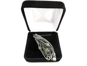 Stromatolite Pendant: Kambaba Jasper Fossil Necklace with Labradorite, Sterling Silver Wire Wrap