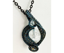 Load image into Gallery viewer, Steampunk Verdigris Crackle Quartz Pendant, Wire-Wrapped in Brass with Herkimer Diamond
