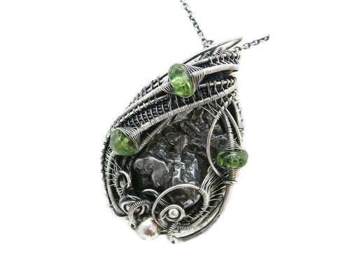 Campo del Cielo Meteorite Pendant, Wire-Wrapped in Sterling Silver with Peridot