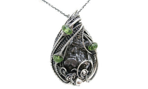 Campo del Cielo Meteorite Pendant, Wire-Wrapped in Sterling Silver with Peridot